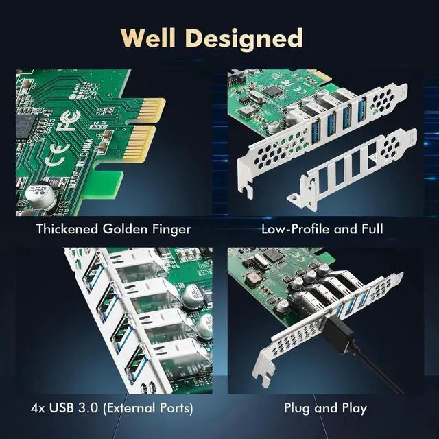 Alt view image 2 of 7 - PCIE to 4 Ports USB 3.0 Expansion Card, Self-Powered, Low Profile Bracket, USB3 Hub Controller Adapter for Windows 10/11
