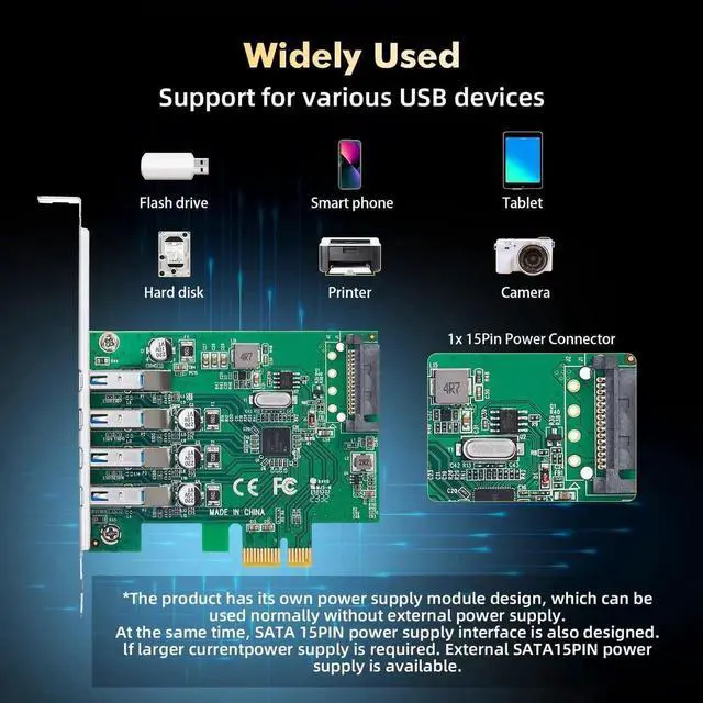 Alt view image 4 of 7 - PCIE to 4 Ports USB 3.0 Expansion Card, Self-Powered, Low Profile Bracket, USB3 Hub Controller Adapter for Windows 10/11