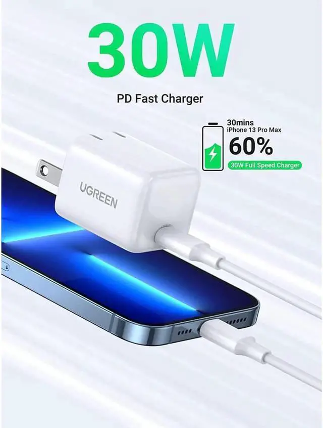Alt view image 3 of 6 - UGREEN 30W USB C Wall Charger, USB C Charger with Foldable Plug, GaN PD PPS Fast Charger Block Compatible with MacBook Air/iPhone 13 Pro Max/13/12 Pro/Max, Galaxy S22/21, Pixel 6/6 Pro, iPad