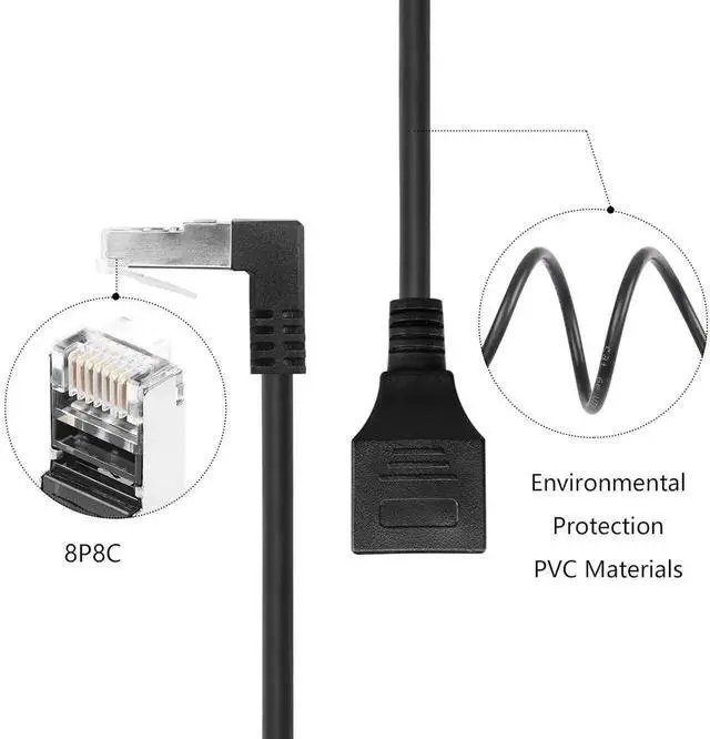 Alt view image 2 of 7 - 90 Degree Cat6 Ethernet Cable with On/Off Switch High Speed RJ45 Right Angle Male to Female Extension Cable with 304 Switch Cat6 Internet Network Cable,1M 3.3FT (Down Male to Female)