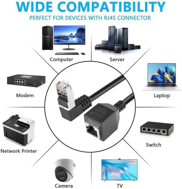 Alt view image 5 of 7 - 90 Degree Cat6 Ethernet Cable with On/Off Switch High Speed RJ45 Right Angle Male to Female Extension Cable with 304 Switch Cat6 Internet Network Cable,1M 3.3FT (Down Male to Female)