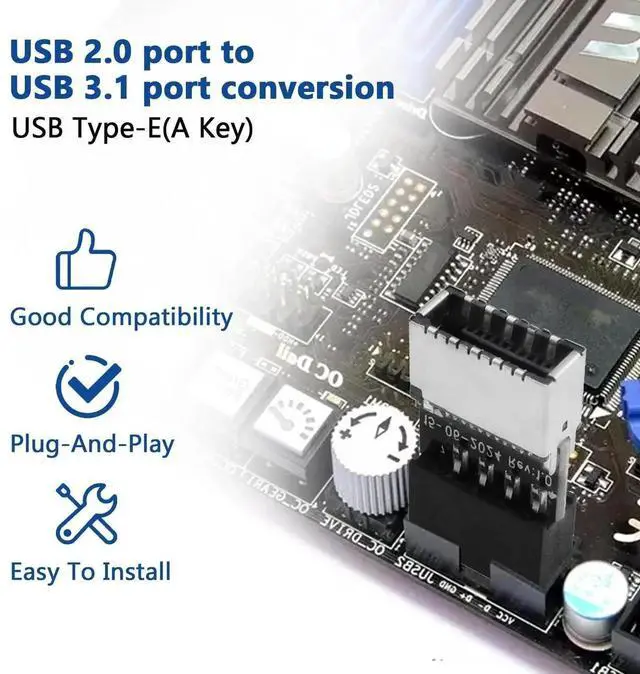 Alt view image 4 of 6 - USB 2.0 to USB 3.2 Gen 1 Header Adapter, Mainboard 9 Pin Male to USB 3.1 Type-E (A-Key) Female Converter for Extending USB C Ports on Front Panel of PC (2 Pack)
