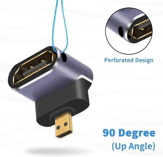 Alt view image 6 of 7 - 8K Micro HDMI to HDMI Adapter, 90 Degree UP Angle Male to Female Extender With LED Light and Perforated Design for Cameras Camcorder (2 Pack)