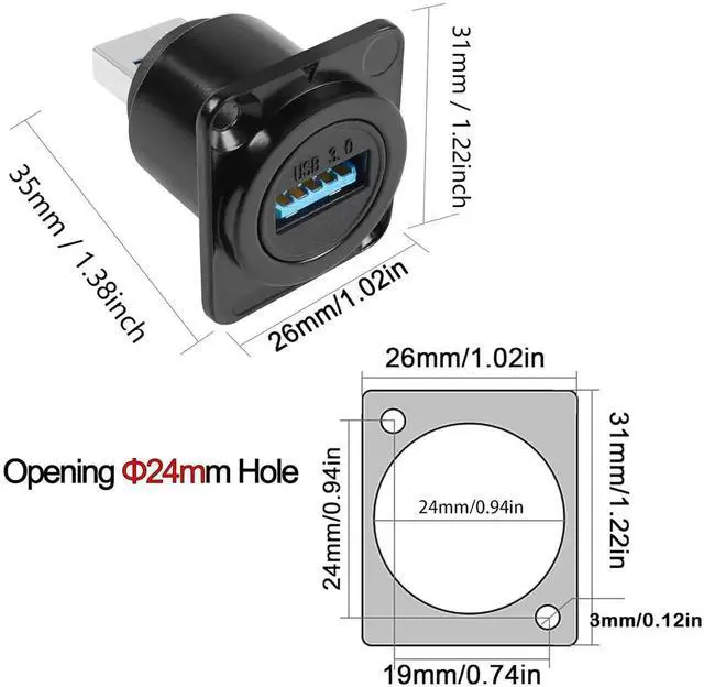 Alt view image 2 of 6 - USB3.0 D Type Panel Mount Adapter Male to Female Connector Straight Through Panel Socket for USB Extension Data Transfer 5Gbps Charging Black
