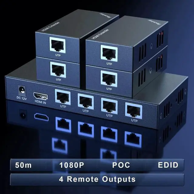 Alt view image 2 of 7 - HDMI Extender Splitter 1x4 1080P@60Hz Over Cat 5E/6/7 Ethernet Cable 50m (165ft) Support EDID Copy POC Function (1 in 4 Out)