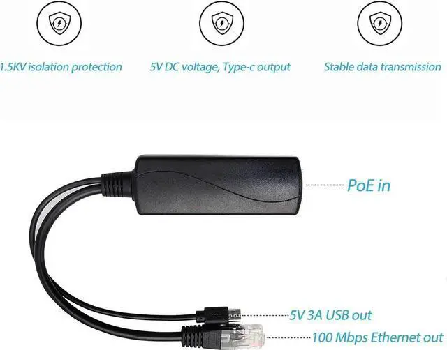 Alt view image 5 of 7 - Type C PoE Splitter 5V 3A, IEEE 802.3af Standard, 10/100Mbps Type C Power Over Ethernet Splitter with RJ45 Port and TYPEC Port