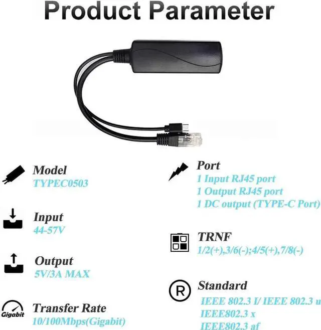 Alt view image 3 of 7 - Type C PoE Splitter 5V 3A, IEEE 802.3af Standard, 10/100Mbps Type C Power Over Ethernet Splitter with RJ45 Port and TYPEC Port