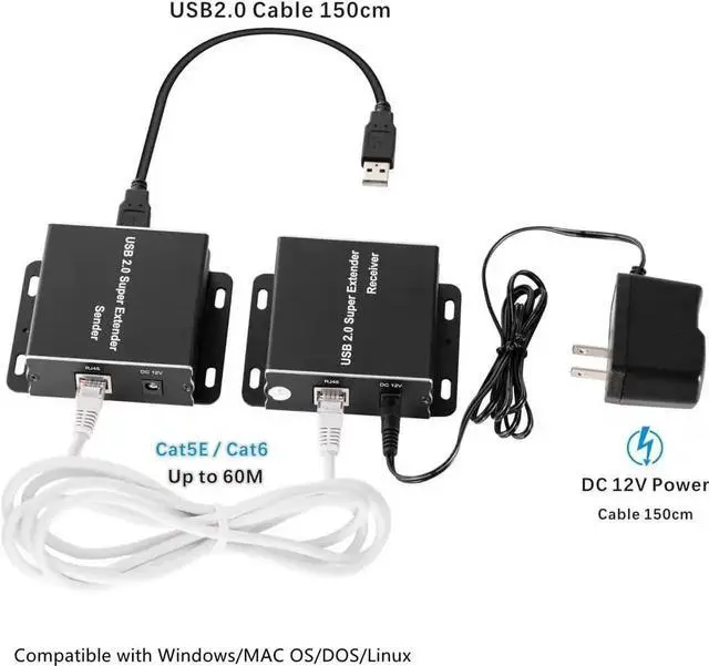 Alt view image 7 of 7 - USB Extender Over Cat5E/6 up to 196ft, USB2.0 Over Cat6 Cat5E Extender with 4 USB 2.0 Ports, Plug and Play, No Driver Needed Support All Operating System, Two Web Cameras Work Synchronously