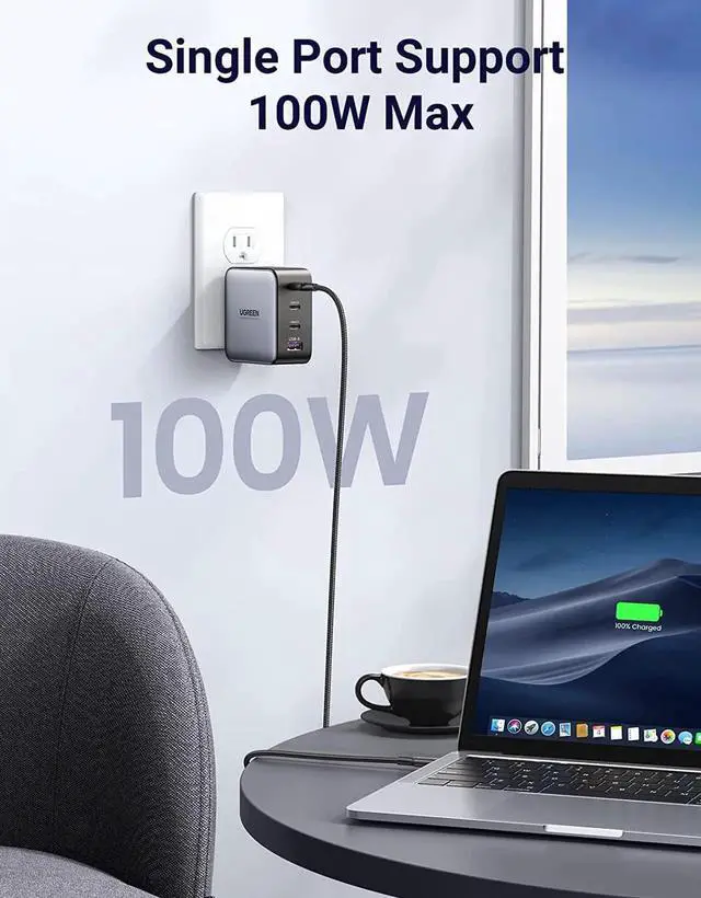Alt view image 3 of 7 - UGREEN 100W USB C Charger - Nexode 4-Port GaN PD Fast Wall Charger USB-C Power Adapter Compatible with MacBook Pro/Air, Dell XPS, iPad, iPhone 14/13/12 Series, Galaxy S22/S21, Steam Deck and More
