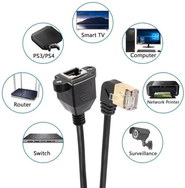 Alt view image 6 of 6 - 90 Degree Right Angle Cat8 LAN Cable, RJ45 Male to Female Shielded Ethernet Network Connector Screw Panel Mount Extension Cable for Router Modem TV PC Computer Laptop 0.5M(M/F Right)