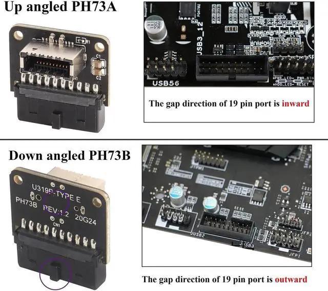 Alt view image 4 of 7 - 1Pack 90 Degree USB 19 Pin to USB3.1 Type-E Front Panel Connector Down-Right Angle Type-E USB 3.1 Female to 19Pin USB 3.0 Female Header Extension Adapter for Computer Motherboard(19Pin/Down)