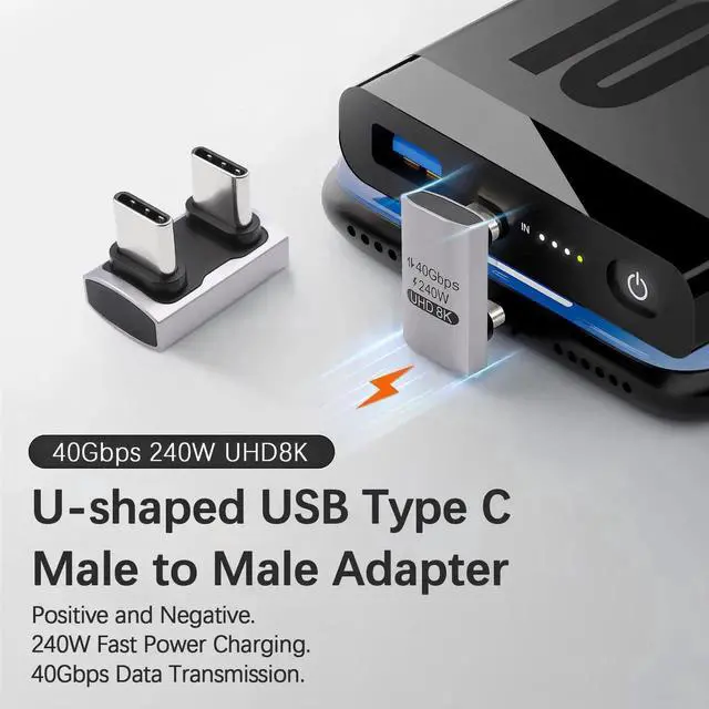 Alt view image 4 of 6 - 180 Degree USB C to USB C Adapter 240W PD, 40Gbps Data & 8K Video, U Shape Type C Male to Male Adapter for Thunderbolt 4/3,Switch, Laptop, Tablet, Phone 1Pack
