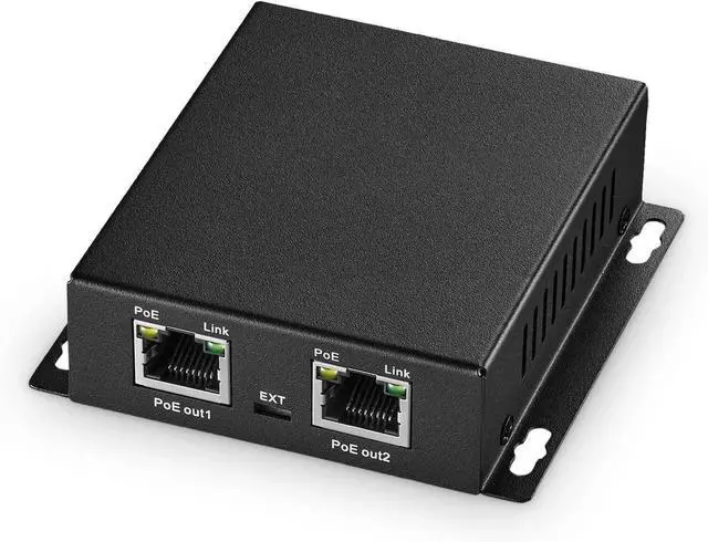 Main image of PoE Extender Passthrough Switch, 1 PoE in 2 PoE Out, IEEE802.3af/at PoE Powered, 10/100Mbps Ethernet, Metal Small Wall Mount PoE Extender/Injector/Network Extender