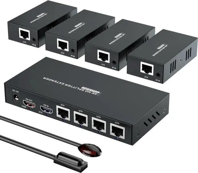 Main image of HDMI Extender Splitter 1x4 HD 4K @60Hz Over CAT5/CAT6/CAT7 Ethernet CableUp to 196ft-Loop Out-Equipped with IR POC and EDID
