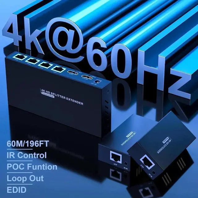 Alt view image 6 of 7 - HDMI Extender Splitter 1x4 HD 4K @60Hz Over CAT5/CAT6/CAT7 Ethernet CableUp to 196ft-Loop Out-Equipped with IR POC and EDID