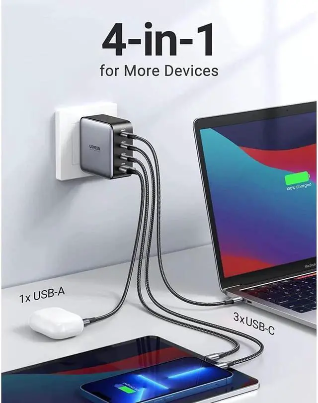 Alt view image 5 of 7 - UGREEN 100W USB C Wall Charger - 4 Port GaN PD Fast Charger USB-C Power Adapter Compatible with MacBook Pro/Air, Dell XPS, iPad Mini/Pro, iPhone 13/13 Pro Max/iPhone 12, Galaxy S22/S21, Pixel