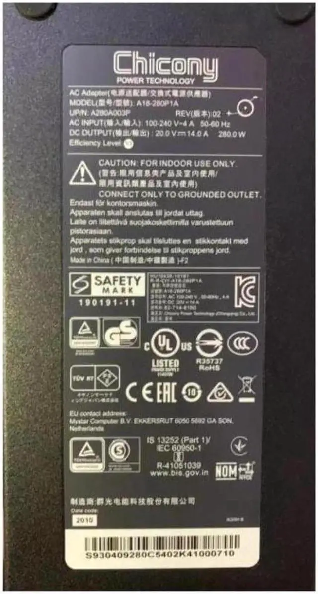 Alt view image 2 of 2 - 20V 14A 280W 7.4x5.0mm Chicony A18-280P1A A280A003P AC Adapter For M-SI GE75-9SF GE75-10SFS Laptop Power Supply Charger