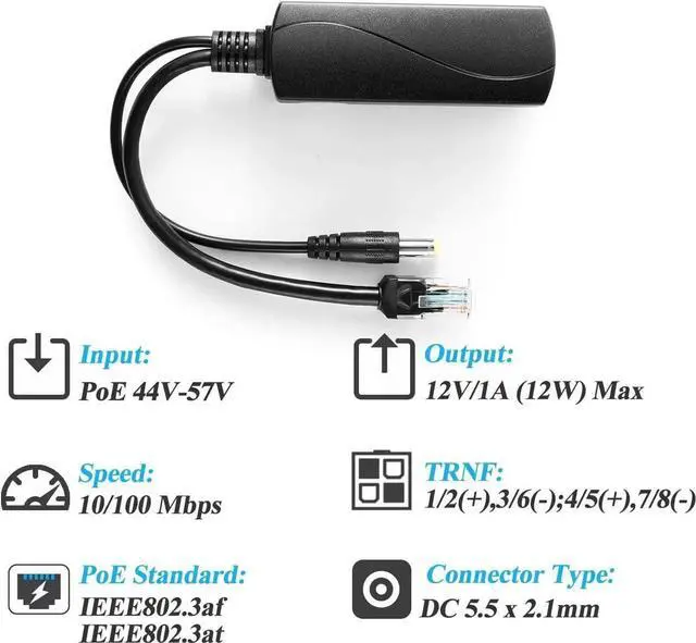 Alt view image 7 of 7 - Active PoE Splitter 12V 1A Output with IEEE 802.3af Standard Compliant 10,100Mbps Power Over Ethernet Splitter Adapter for Security IP Camera CCTV Surveillance Device 5.5x2.1mm (PS5712P Black)