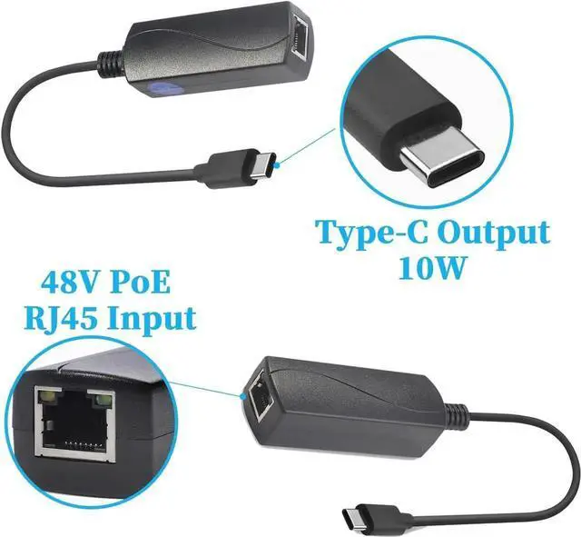 Alt view image 3 of 7 - PoE to USB C Adapter Converter, Convert POE to Output 5V/2A Type-C with Ethernet, IEEE802.3af with 10/100Mbps, Wired Broadband and PD Charging for Smart Phone/Tablet, Plug and Play (P2C5V)