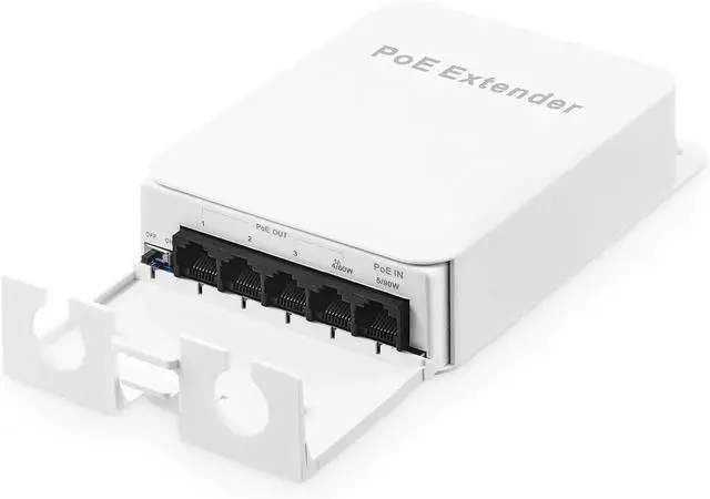 Main image of Outdoor PoE Passthrough Switch, 1 PoE in 4 PoE Out Extender, IEEE802.3af/at/bt PoE Powered 90W, 100Mbps Ethernet, Wall Mount Waterproof Plug and Play