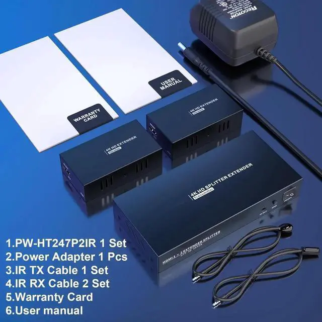 Alt view image 5 of 7 - HDMI Extender Splitter1x2 HD 4K @60Hz up to 60m(196ft)-Loop Out-Over CAT5/CAT6/CAT7 Cable HDMI Transmitter and Receiver with IR Power Switch and EDID