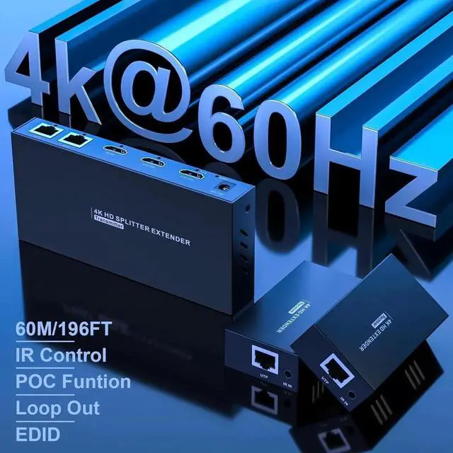 Alt view image 7 of 7 - HDMI Extender Splitter1x2 HD 4K @60Hz up to 60m(196ft)-Loop Out-Over CAT5/CAT6/CAT7 Cable HDMI Transmitter and Receiver with IR Power Switch and EDID