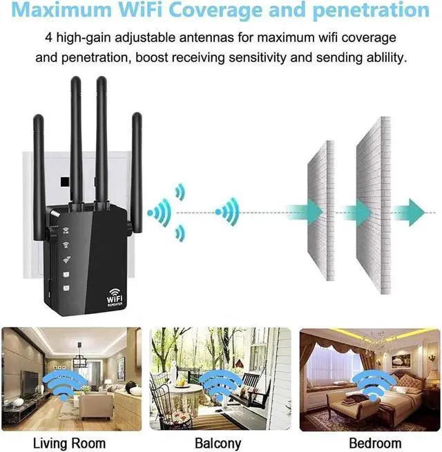 Alt view image 4 of 7 - WiFi Range Extender 1200Mbps, AC1200 Wireless Signal Repeater Booster 2.4 & 5.8GHz Dual Band 4 Antennas 360 Degree Full Coverage Support One Button Setup with Ethernet Port Easy Setup