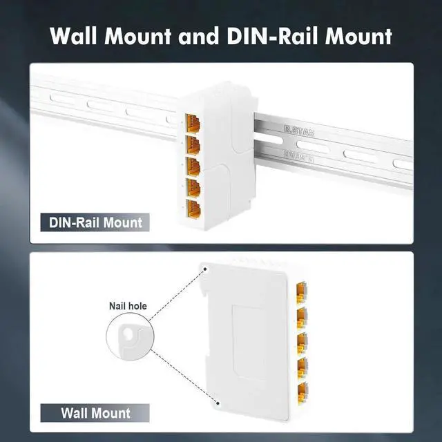 Alt view image 2 of 7 - Gigabit PoE Passthrough Switch, 1 PoE in 4 PoE Out Extender, IEEE802.3af/at/bt PoE Powered 90W, 10/100/1000Mbps Ethernet, Din Rail & Wall Mount Plug and Play
