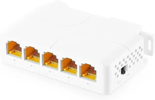 Main image of Gigabit PoE Passthrough Switch, 1 PoE in 4 PoE Out Extender, IEEE802.3af/at/bt PoE Powered 90W, 10/100/1000Mbps Ethernet, Din Rail & Wall Mount Plug and Play