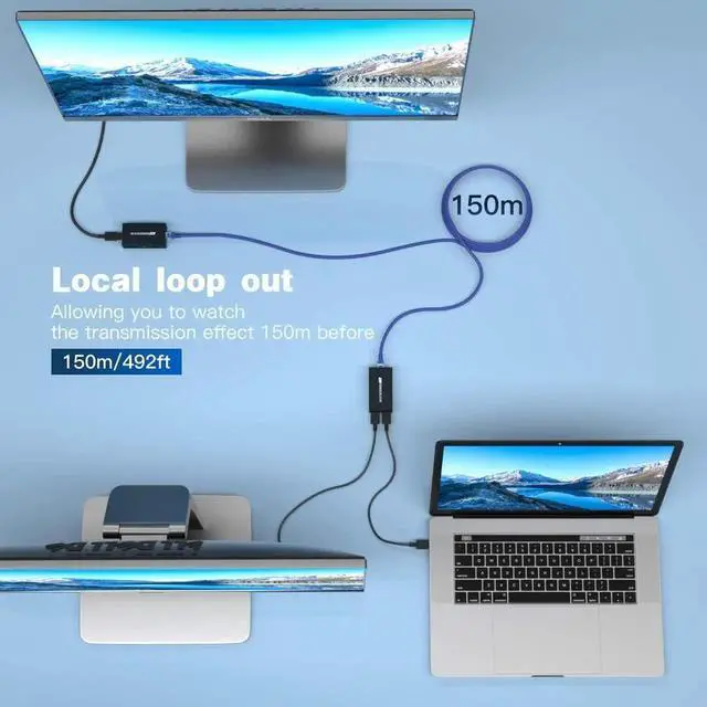 Alt view image 7 of 7 - HDMI Extender Over IP 150m/492ft Transmission Via Cat5e/Cat6/Cat7/Cat8 Network Cable Support Local Loopout and Transmission 1 to Multiple Via Network Switch