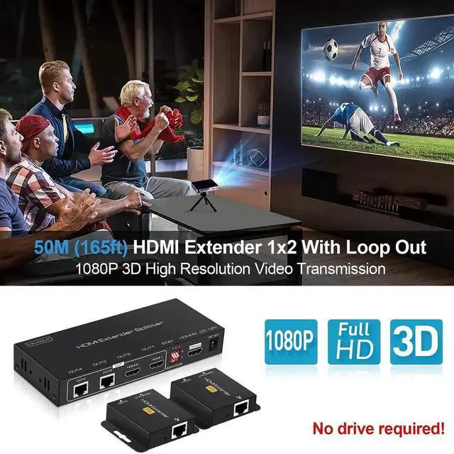 Alt view image 6 of 7 - 1X2 HDMI Extender Splitter 165ft(50m) with 2 HDMI Local Loop-Out, 1080P@60Hz HDMI Extender 1 in 2 Out Over CAT 5e/6 with POC Power Supply, 3D EDID, HDMI to Ethernet for fire stick, TV Box