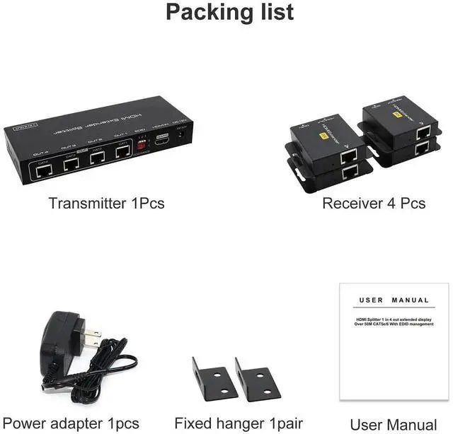 Alt view image 3 of 7 - HDMI Extender Splitter Up to 165ft 1 in 4 Out Over Cat5e or 6 or 7 Repeater Balun Ethernet Sender Transmitter Receiver Support 1080p EDID Presets POC is Only Need TX Power for Work
