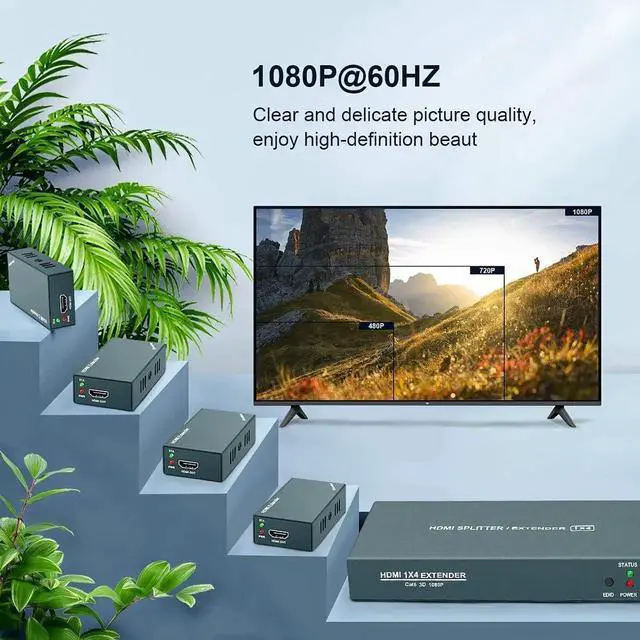 Alt view image 5 of 7 - HDMI Extender Splitter 1x4, 1080P@60Hz, Extending 165ft (50m) Length Transmission Over CAT5e/CAT6/CAT7 Cable, 4 Channel Transmission, 1 Power Adapter