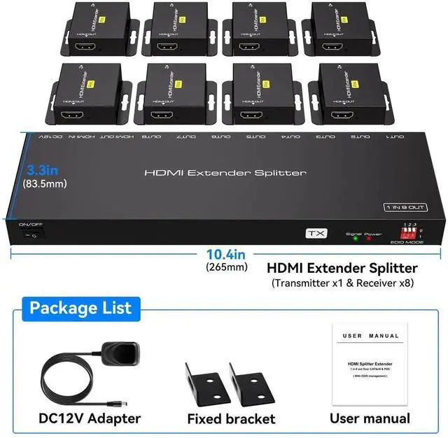Alt view image 6 of 7 - HDMI Extender Splitter Over Ethernet 1 in 8 Out Cat5e or 6 Up to 165FT 50m HD1080P 60Hz 3D with Port Loop Out Support EDID POC Suitable for Projection Exhibition Presentations