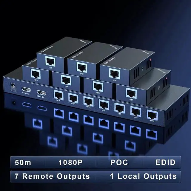 Alt view image 5 of 7 - HDMI Extender Splitter 1x7 1080P@60Hz Over Cat 5E/6/7 Ethernet Cable 50m (164ft) Support HDMI loopout EDID Copy POC Function (1 in 7 Out), Monitor