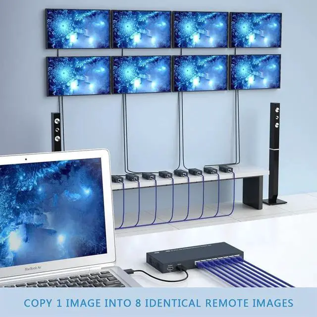 Alt view image 6 of 6 - 150m HDMI Splitter Extender 1x8 Transmit Remote 1080P Audio Video Over Cat5e/6 Ethernet Mirror 8 Screens Support Loopout Remote 1 in 8 Out for TV