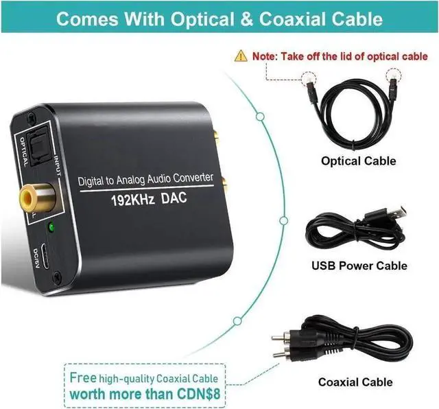 Alt view image 5 of 7 - Digital to Analog Audio Converter-192kHz Aluminum Optical to RCA with Optical &Coaxial Cable. Digital SPDIF TOSLINK to Stereo L/R and 3.5mm Jack DAC Converter for PS4 Xbox HDTV DVD Headphone