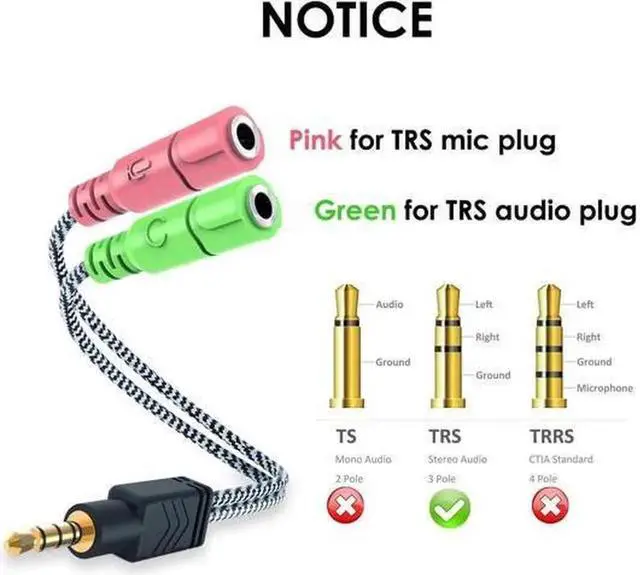 Alt view image 3 of 7 - Headphone Mic Splitter, 3.5mm Headset Adapter (Microphone + Audio) 2 TRS Female to TRRS Male CTIA Stereo Jack Y Cable Compatible for Dual-Plug Gaming Headset to PS4, Phone, Laptop, PC,0.6 Feet