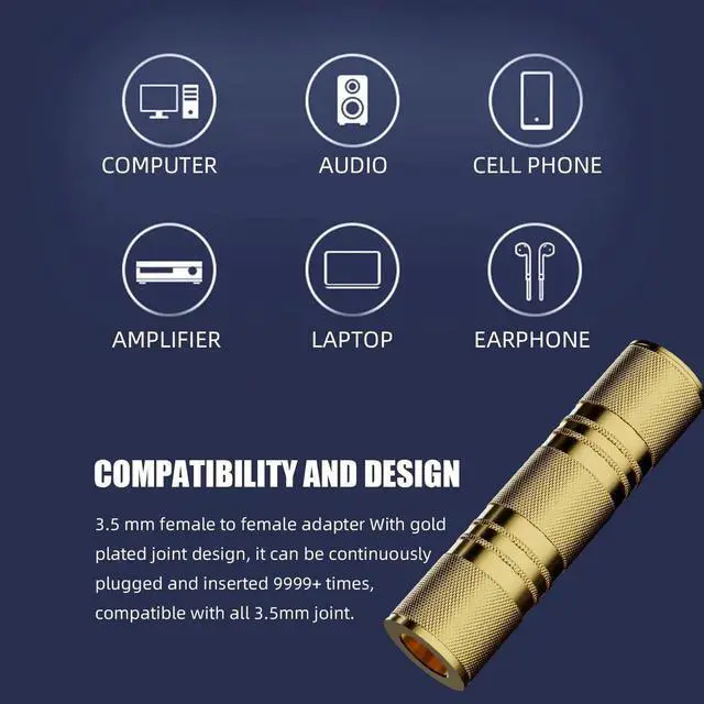 Alt view image 3 of 7 - 3.5mm Female to Female aux Adapter, 3.5mm Stereo Jack to 3.5mm Stereo Jack Adapter Connectors Stereo Coupler Female to Female Gold - 3pcs