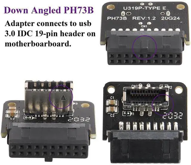 Alt view image 6 of 6 - 2Pack 90 Degree USB 20Pin to USB3.1 Type-E Front Panel Connector Down-Right Angle Type-E USB 3.1 Female to 19/20Pin USB3.0 Female Header Extension Adapter for Computer
