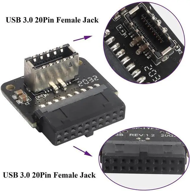 Alt view image 4 of 6 - 2Pack 90 Degree USB 20Pin to USB3.1 Type-E Front Panel Connector Down-Right Angle Type-E USB 3.1 Female to 19/20Pin USB3.0 Female Header Extension Adapter for Computer