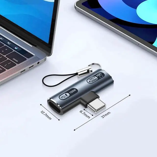 Alt view image 3 of 7 - USB C 2 in1 Headphone Adapter USB3.2 100W PD Fast Charge + Audio + 10Gbps Fast Data Transfer USB C to Type-C Audio Adapter Compatible with LaptopsMacBookTablets-Gray
