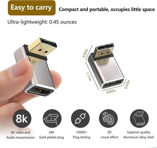Alt view image 5 of 5 - Displayport 1.4 Adapter 90 Degree DP Converter UP&Down 8K/60Hz Right Angle DP Displayport Cable Adapter Connector 4K/144Hz DP1.2 Compatible DP Male to Female Angled Extension Saver-
