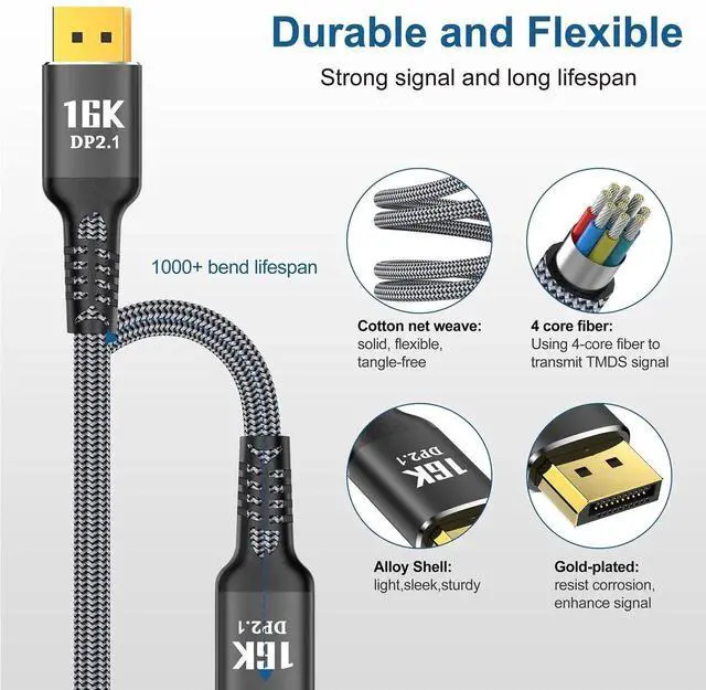 Alt view image 7 of 7 - DisplayPort Cable 2.1 15FT, 16K Display Port 2.1 2.0 Cable [16K 60Hz, 8K 120Hz, 4K 240Hz 165Hz 144Hz, 40Gbps HDR10 HDCP DSC 1.2a] Braided DP 2.1 Cord for FreeSync G-Sync Gaming Monitor
