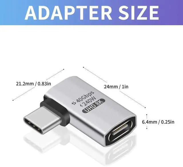 Alt view image 3 of 7 - 240W Right Angle USB-C Adapter, 40Gbps USB C 90 Degree Adapter Male to Female with 8K@60Hz Video Compatible for Thunderbolt 3/4, Switch, MacBookPro/Air, ipad and More Type C Devices (1 Pack)