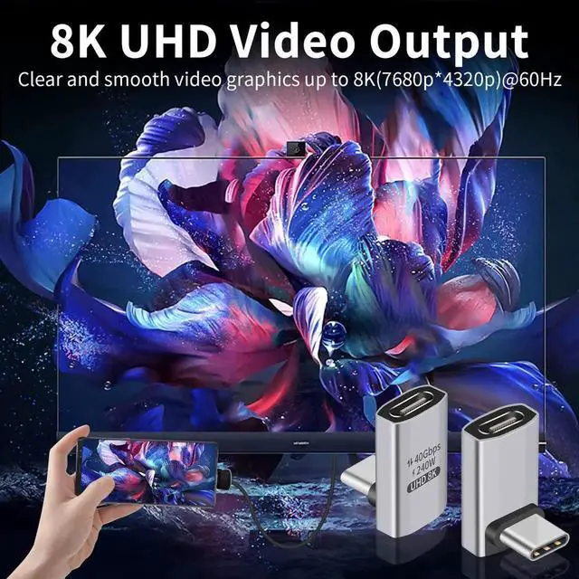 Alt view image 4 of 7 - USB C 90 Degree Adapter [ 40Gbps, 240W PD,8K@60Hz Video] 90 Degree USB C Angle Adapter, Type C Male to Female Extender Connector for Tablet, HUB, Thunderbort ect 1 Pack