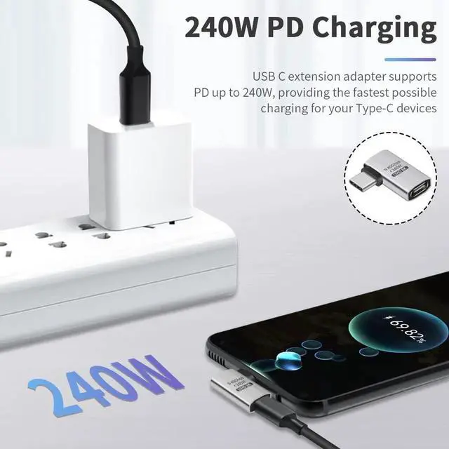 Alt view image 7 of 7 - 240W Right Angle USB-C Adapter, 40Gbps USB C 90 Degree Adapter Male to Female with 8K@60Hz Video Compatible for Thunderbolt 3/4, Switch, MacBookPro/Air, ipad and More Type C Devices (1 Pack)