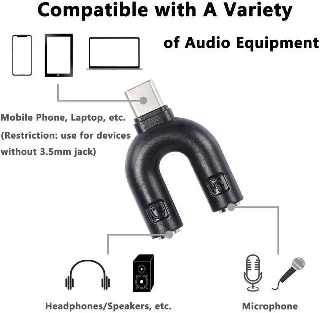 Alt view image 4 of 5 - USB C Audio Adapter, U Type USB Type-C External Stereo Sound Adapter, Headphone and Microphone Splitter Suitable for Windows and Android-Black/2Packs