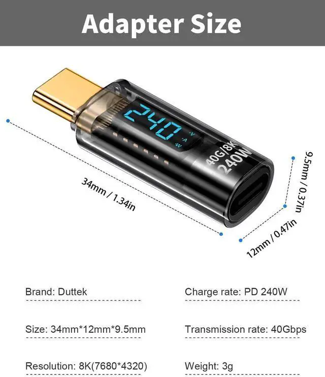 Alt view image 6 of 7 - 240W USB C Extension Adapter Power Meter Tester, USB C Male to Female Adapter with Wattage LED Digital Display, for iPhone 15, Type-C Cables/Devices (2 Pack-Transparent)