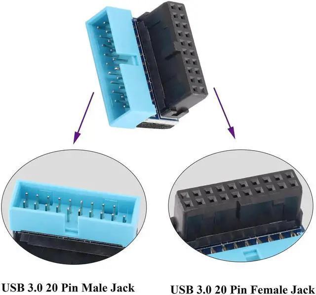 Alt view image 7 of 7 - 2 Pack Down Right Angle USB 3.0 19-pin Connector 90 Degree 19Pin/20Pin 3.0 USB Female to Male Extension Power Adapter Board for Desktop Motherboard Internal Header Adapter(Down/Blue-20Pin)